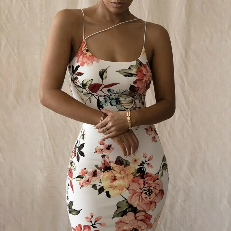 

European And American-Style Cross-Border Women's Clothing2021Summer New Fashion Printed Sling Slim Dress Amazon Factory Wholesal