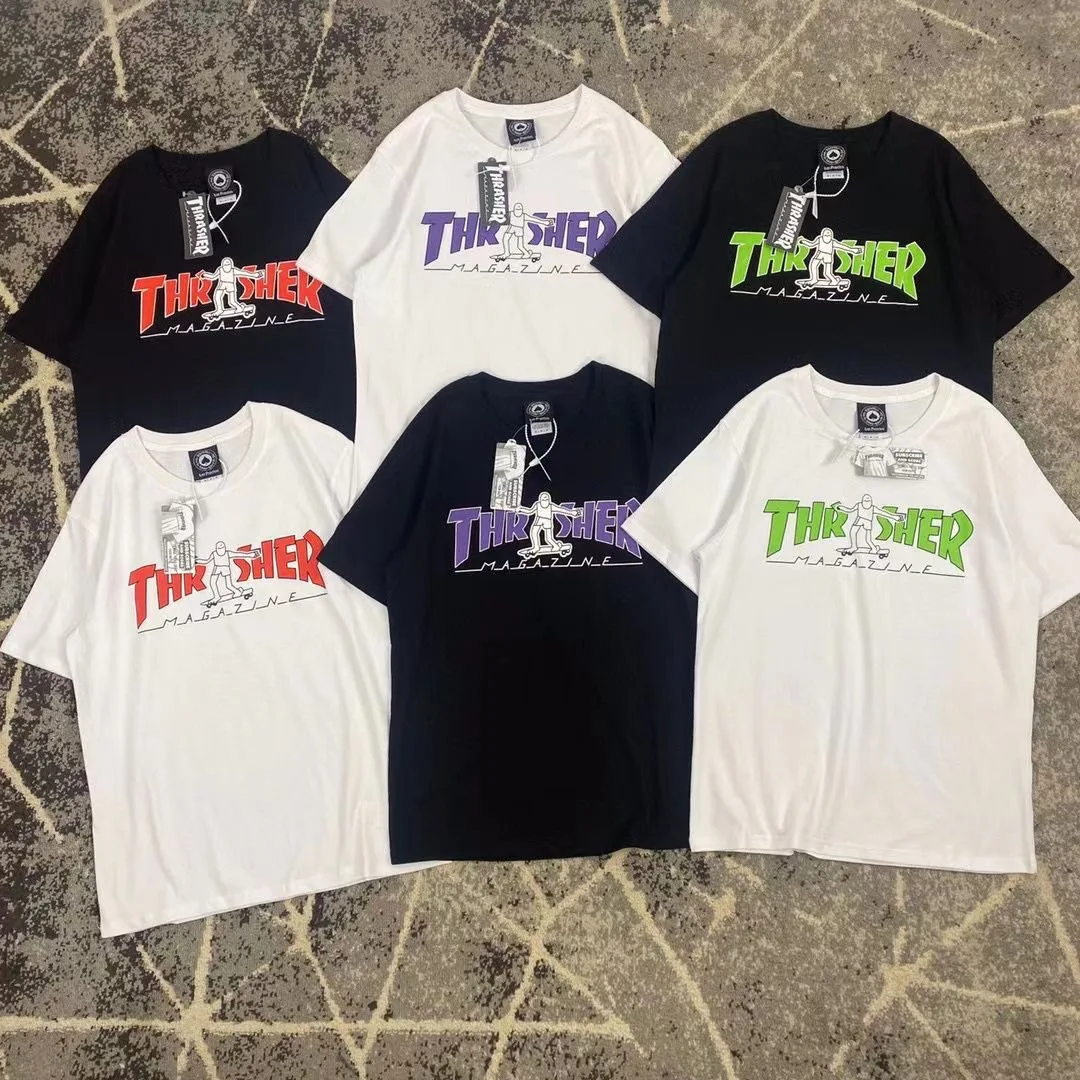 

2023 Summer new all-match print flame trend hip-hop men and women couples short-sleeved classic elements villain skateboard