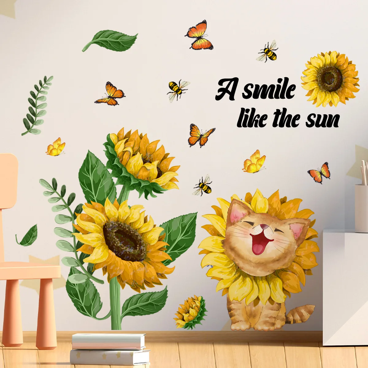 

Наклейки на стену с изображением милого котенка бабочки подсолнуха самоклеящиеся Съемные Виниловые украшения для дома креативное украшен...