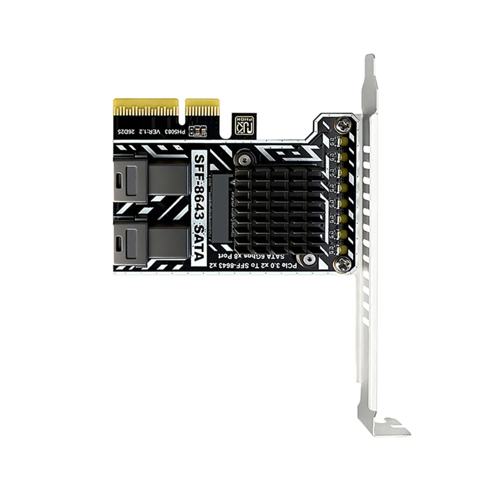 Фото Карта расширения PCIe 3.0 X2 на 2 порта SATA SFF-8643, 8 портов SATA3 6 Гбит/с с алюминиевым радиатором, полная/полуторная планка крепления для корпусов ITX/ATX №1