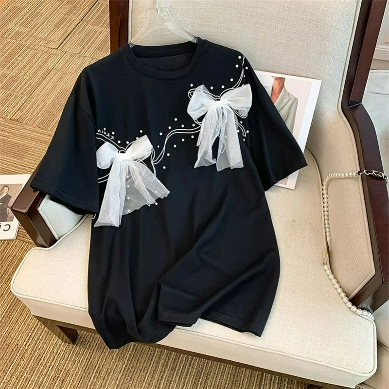 

Футболка женская однотонная с круглым вырезом, свободная повседневная дизайнерская рубашка с бантом, с коротким рукавом, с бисером, большие размеры, Y2k, на лето