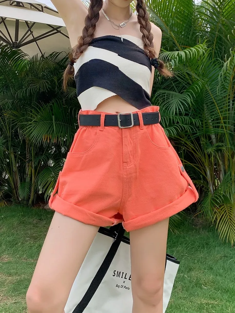 

GUUZYUVIZ Summer High Waist All-match Colorful Denim Shorts Women Straight Korean Casual Style