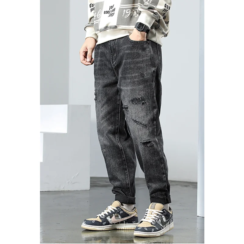 Streetwear Men Fashion New Pattern Recreational Black Haren Pants Hole Straight Cylinder Comfortable Loose Jeans Autumn Female