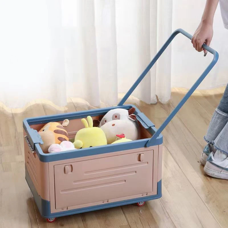 

Portable Folding Storage Box Plastic Bin With Pull Rod 360° Universal Wheels Large Capacity For Book Clothes Sundries Toys