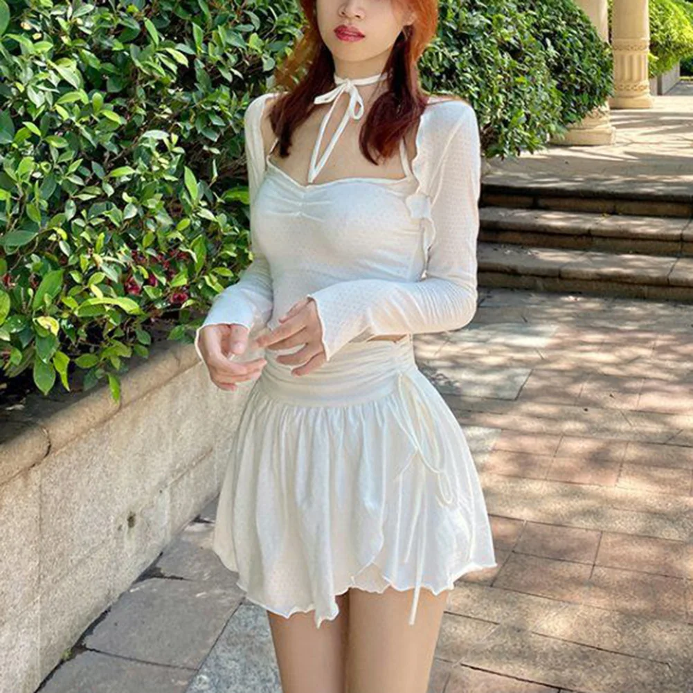 

Sexy Cute White Mini Skirt Women Drawstring Folds High Waist Irregular Ruffle Patchwork Fairycore Short Skirts Mori Girl d88