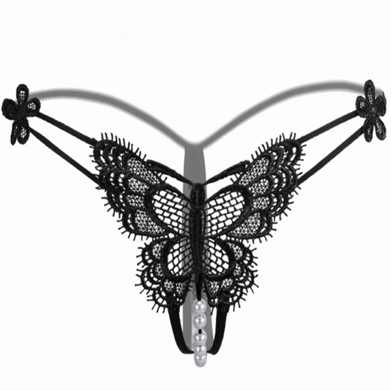 

Sexy Butterfly Lace Panties Women's Low Waist Hollow Thong Open Crotch G String Transparent Underwear Crotchless Pearl Underpant