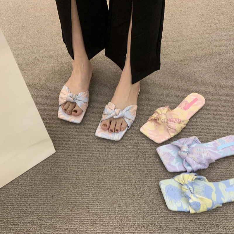 Romantic Floral Print Chiffon Slipper Woman Summer New Luxury Outdoor Flip Flops Ladies Elegant Flower Bowknot Flat Slide Sandal