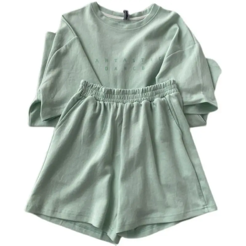 QWEEK T-shirts Suits with Shorts Loungewear Pajamas Woman Summer Basic&Casual Microfiber Sleepwear Negligee 2 Pieces Nightie