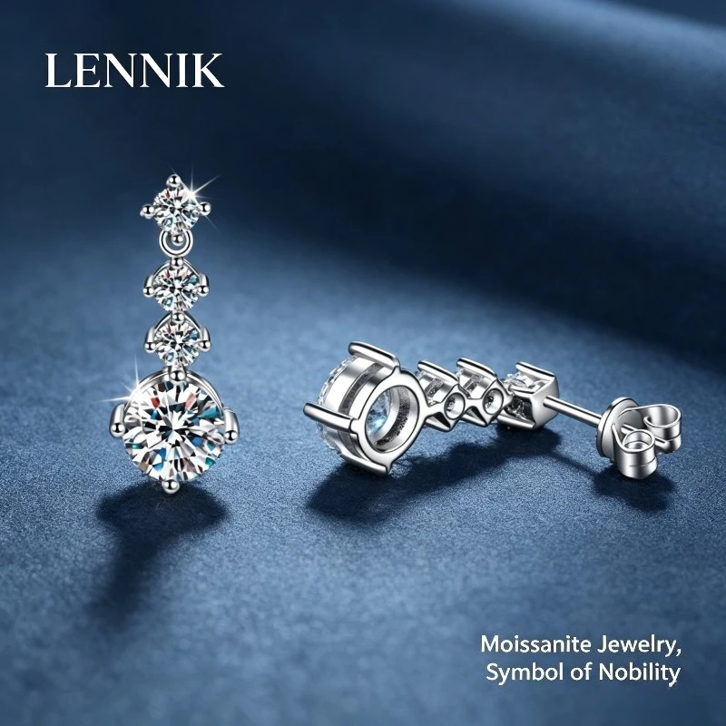 Фото Серьги-гвоздики LENNIK с мозамбикским бриллиантом, серебро 925 пробы, классические, с четырьмя крапанами, простые, элегантные, трансграничные украшения №3