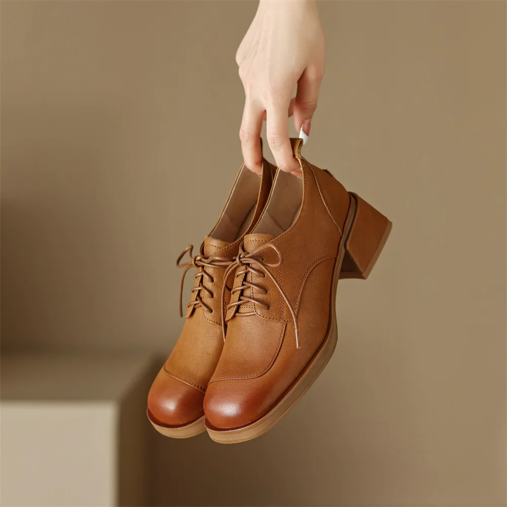 Cialisa Genuine Leather Women's Pumps 2023 Spring Vintage Round Toe High Quality Female Shoes Mid Heels Lady Footwear Black New