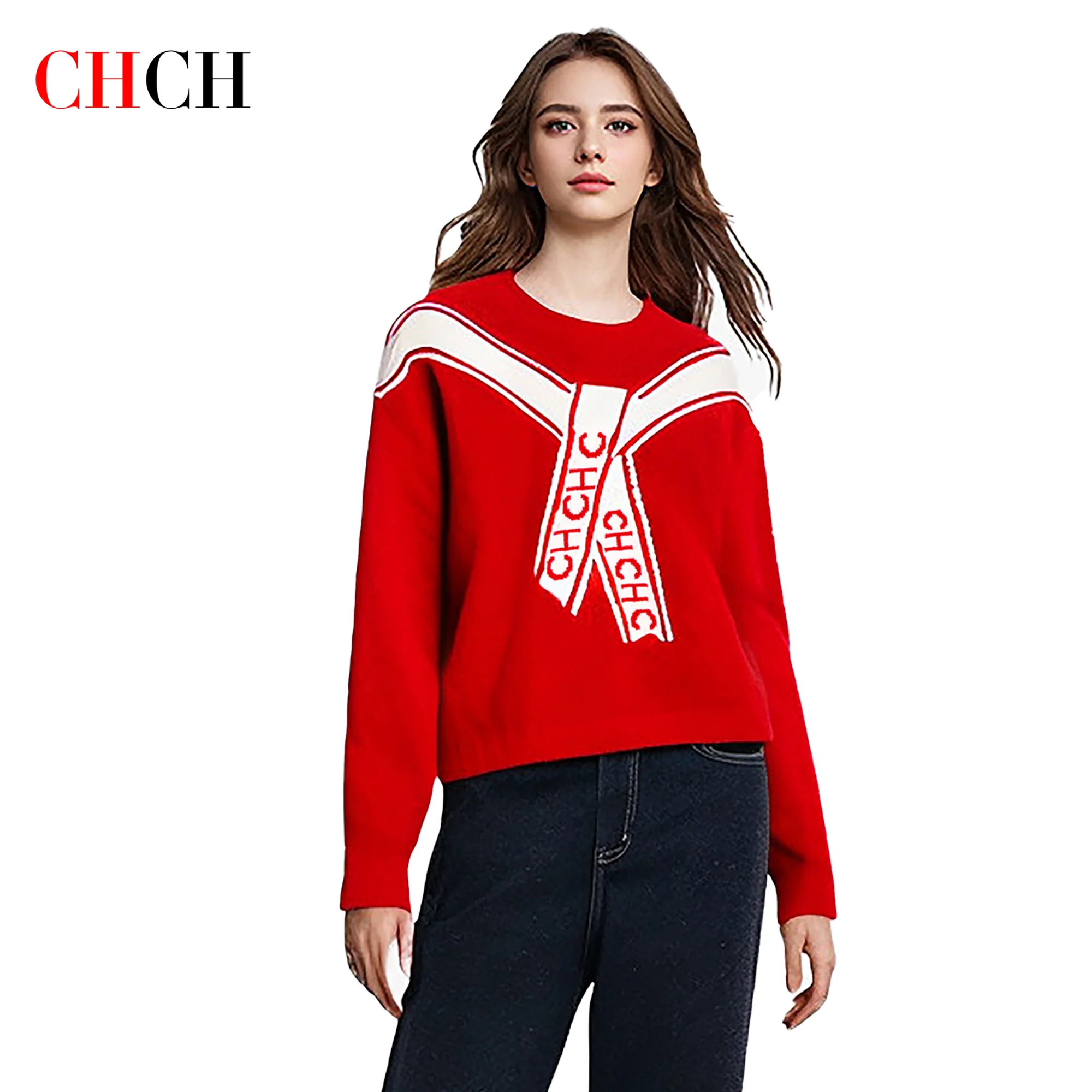 Женская трикотажная рубашка CHCH новинка 2024 Красный Рождественский Повседневный