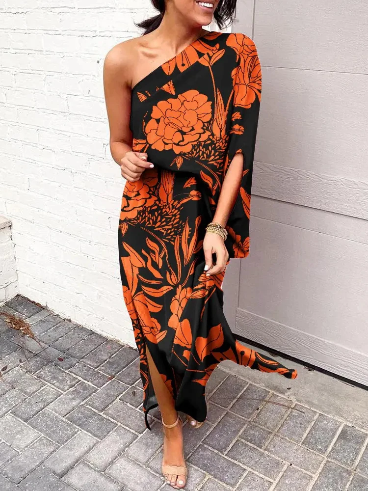 

Sexy Boho Inclined Shoulder Single Sleeve Flowers Print Dress Women Summer Party Asymmetrical Long Dresses Vestidos Mujer