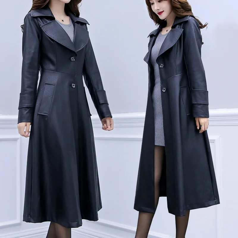 Spring and Autumn New Long Black Soft Artificial Leather Women's Long Sleeve Button Slim Elegant Comfortable Versatile Jacket