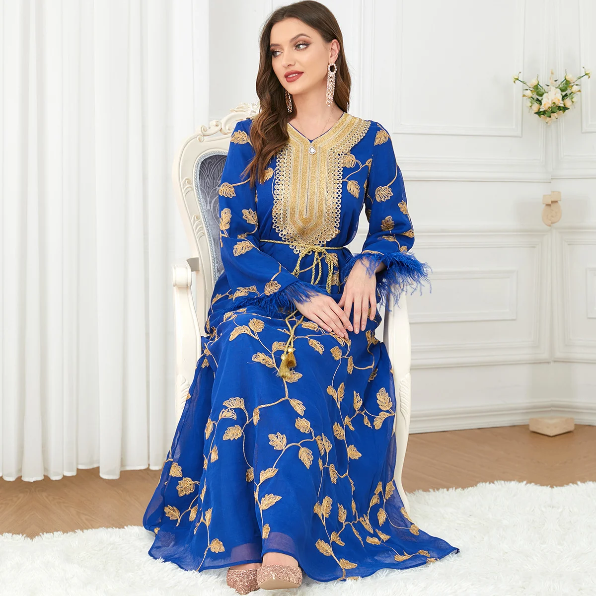 Abaya For Women Arab Autumn Long Dress 2023 New Women's Fashion Long-sleeved Gilded V-neck Dress Fashion Kaftan Clothing