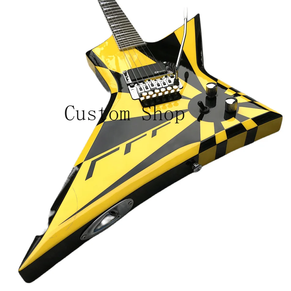 

Rare Michael Sweet Flying V Stryper Black Yellow Stripe Electric Guitar Floyd Rose Tremolo Bridge, Whammy Bar, China EMG Pickup