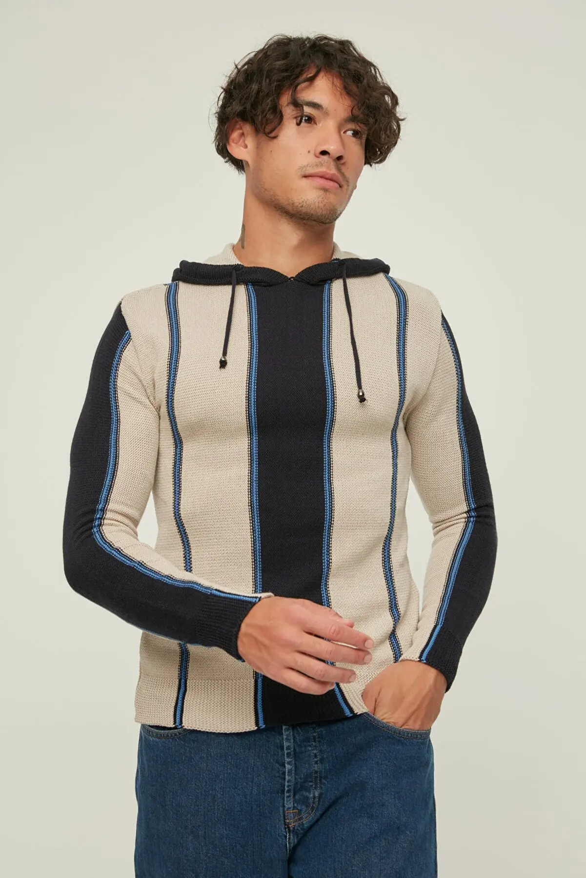 

Beige men's Regular Fit Hooded Striped Sweater Traf Sweater Sweater Sweater Pullover Pullover Sweatshirt 124828925