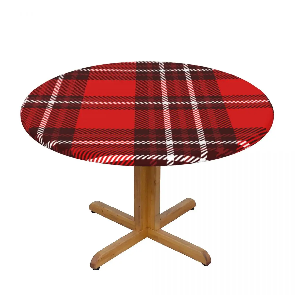 

Red And White Plaid In Burgundy Waterproof Polyester Round Tablecloth Catering Fitted Table Cover with Elastic Edged