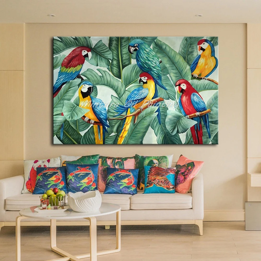 Картины маслом Мятниры на холсте ручная работа шесть красивых попугаев ветке