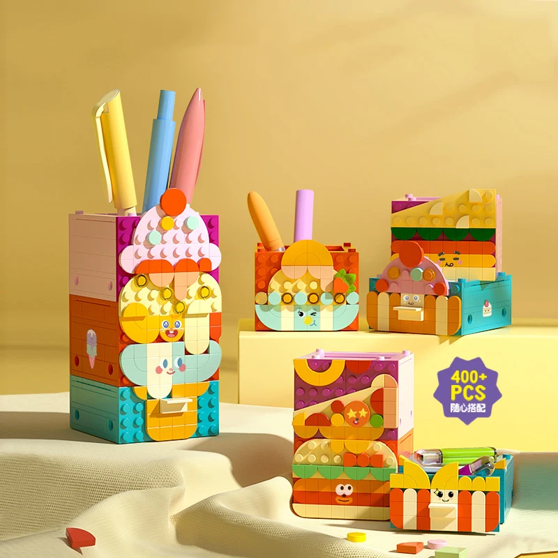 

Креативный Настольный ящик для хранения 3-в-1, держатель для ручек, маленькие детали, коробка-органайзер, строительные блоки, кирпичи, игрушки, подарки