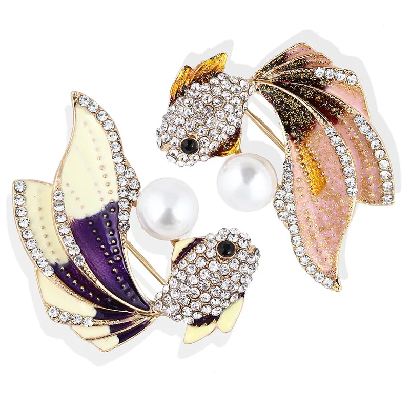 

Rhinestone Goldfish Brooches Pins Pink Purple Enamel Fish Brooch Corsage Animal Brooch For Women Clothes Collar Pins Broach