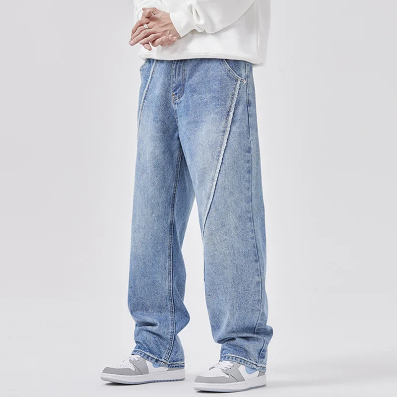 Streetwear Men New Pattern Recreational Sagging Straight Loose Jeans Three Dimensional Pit Strip Design Trousers Autumn Female