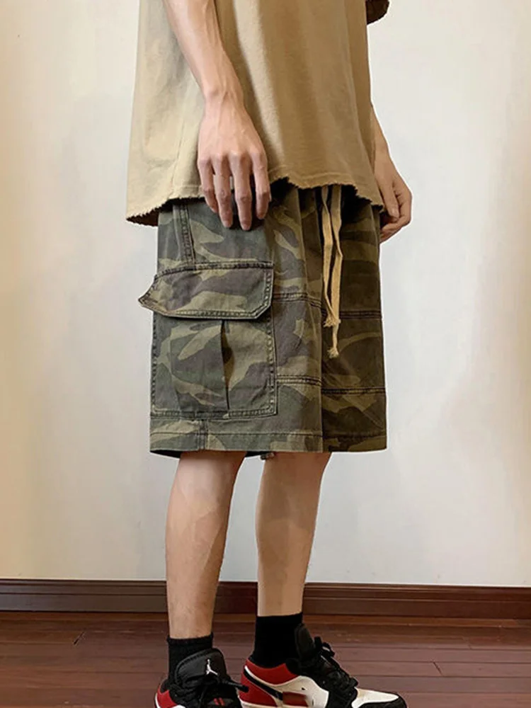 

PFHQ Chinese Style Camouflage Overalls Shorts Summer New Fashion Casual Tide Drawstring Straight Loose Male Short Pants21B4166