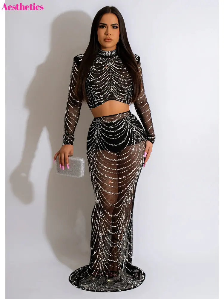 

Luxury Evening 2 Piece Set Diamond Tassel Mesh Maxi Skirt Long Sleeve Top Fashion Two Piece Sets Womens Party Festival Outifits