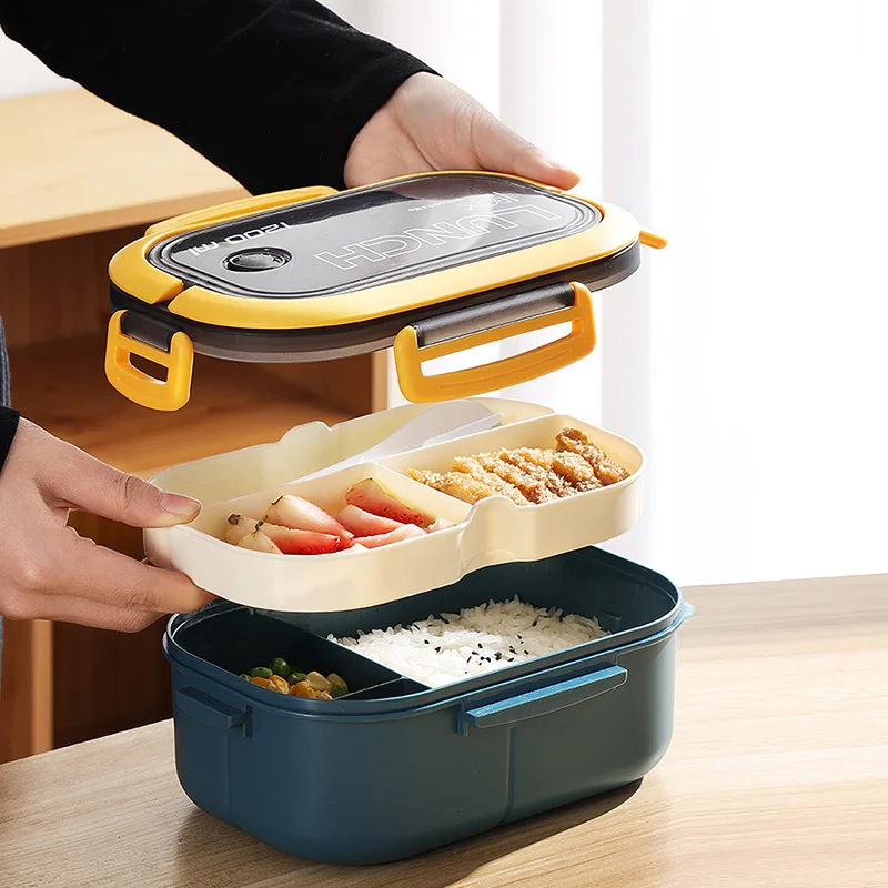 

Lunch Box 2 Layers Grids Student Office Worker Microwave Hermetic Bento Box Outdoor Picnic Fruit Food Container with Fork Spoon