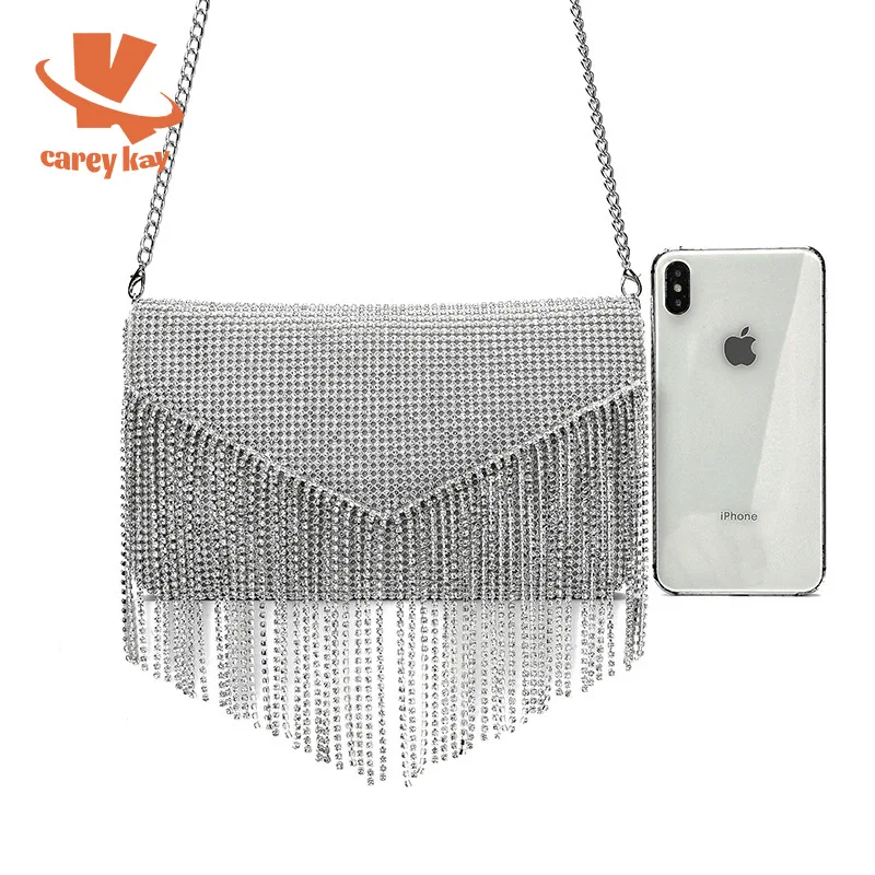 

CAREY KAY Women Silver Diamond Envelope Evening Bags Luxury Designer Luxury Wedding Clutch Chain Tassel Shoulder Handbags Purses