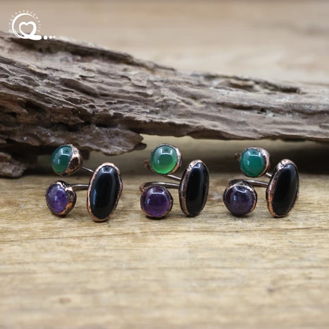 Открытое кольцо из меди с аметистом, обсидианом и зеленым агатом srbstsq