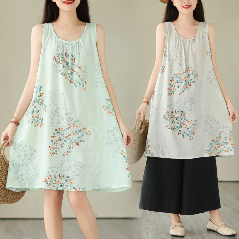 

#3876 White Green Floral Printed A-line Dress Women Round Neck Sexy Vintage Tank Top Dress Female Loose Knee-length Sleeveless
