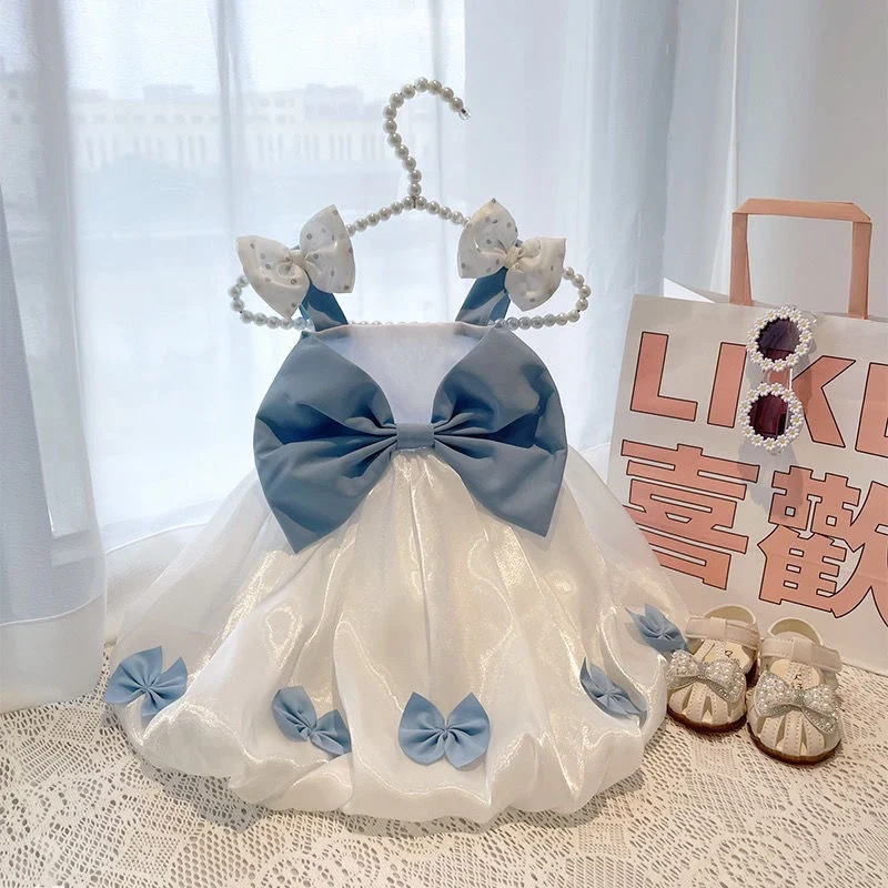 

Cute Blue Bow Suspended Dress Pet Dog Clothes Fashion Wedding Princess Dress for Small Medium Dog Chihuahua Thin Summer Skirts