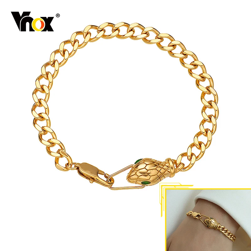 

Vnox Chic Snake Head Charm Bracelets for Women, Gold Tone Stainless Steel Cuban Chain Wristband Jewelry,18cm Length