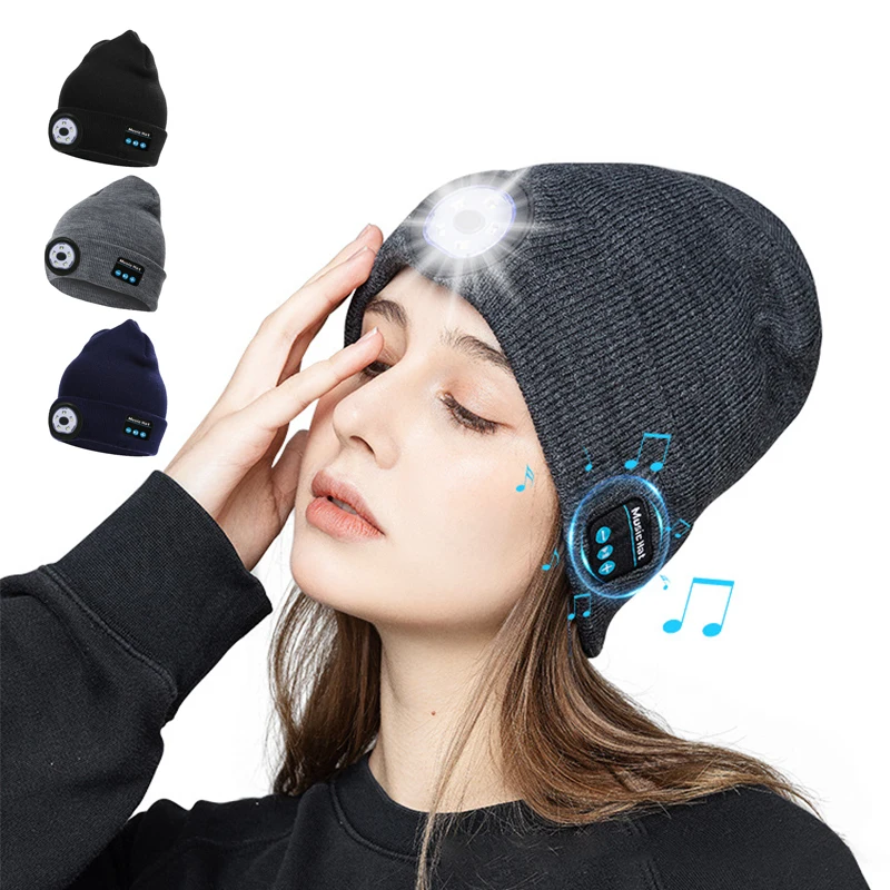 

Зимняя теплая музыкальная шапка с Bluetooth, мягкая трикотажная шапка, уличная стереогарнитура для ночного бега светодиодный светодиодсветиль...