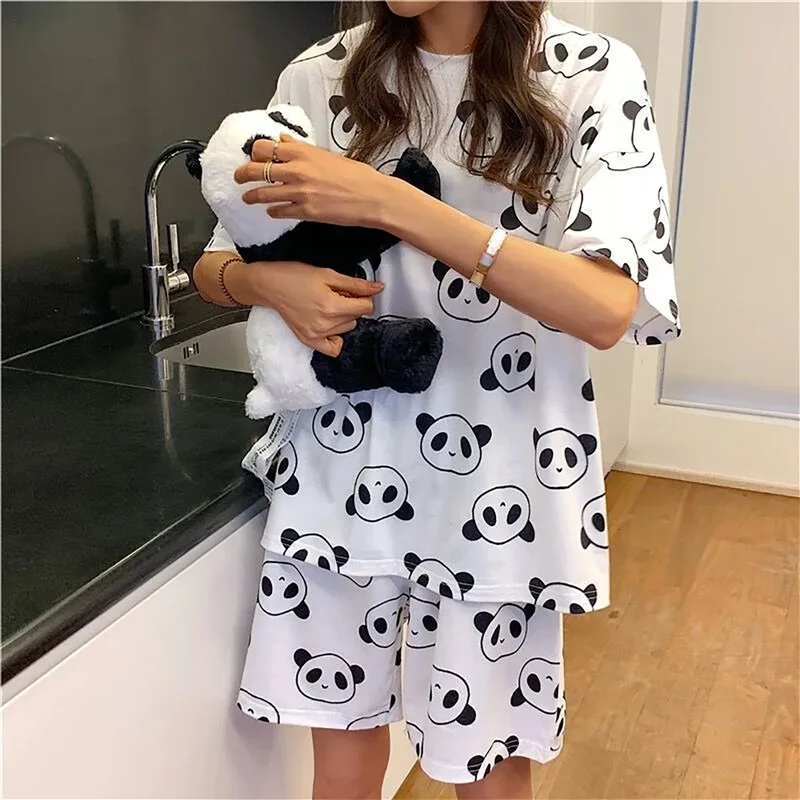 

Women Pajama Set Japanese Kawaii Pijamas Panda Print Pyjamas Teen Girls Home Clothes Round Collar Summer 2023 Sleepwear