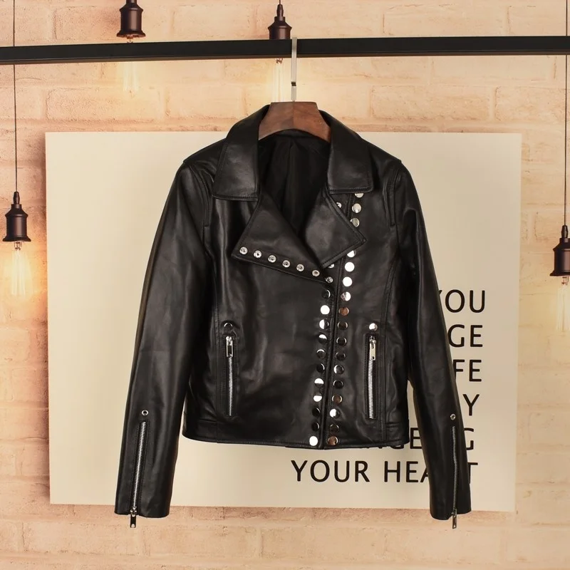 

Women's leather jacket spring rivets studded with sheep's skin punk-style leather short leather jacket rock jackets