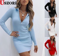 women 2022 new fashion autumn fashion sexy dress v neck lapel zipper high waist long sleeve bottomed dress short skirt