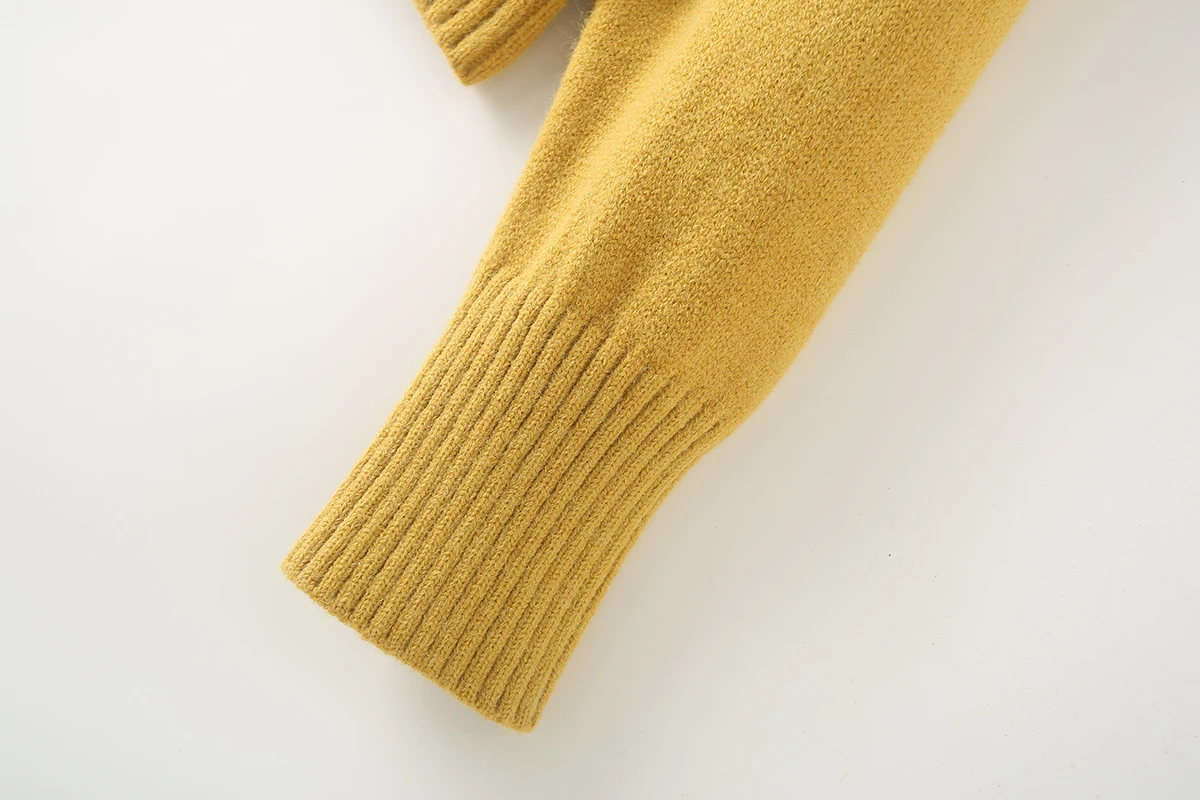 TRAFZA 2024 Chic однотонный желтый женский свитер с круглым вырезом и разрезом