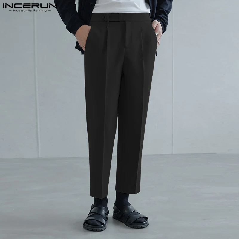 

Korean Style Pants Men Semi-elastic Single Pleated Nine-point Trousers Casual Solid Loose Straight Pantalons S-5XL INCERUN 2023