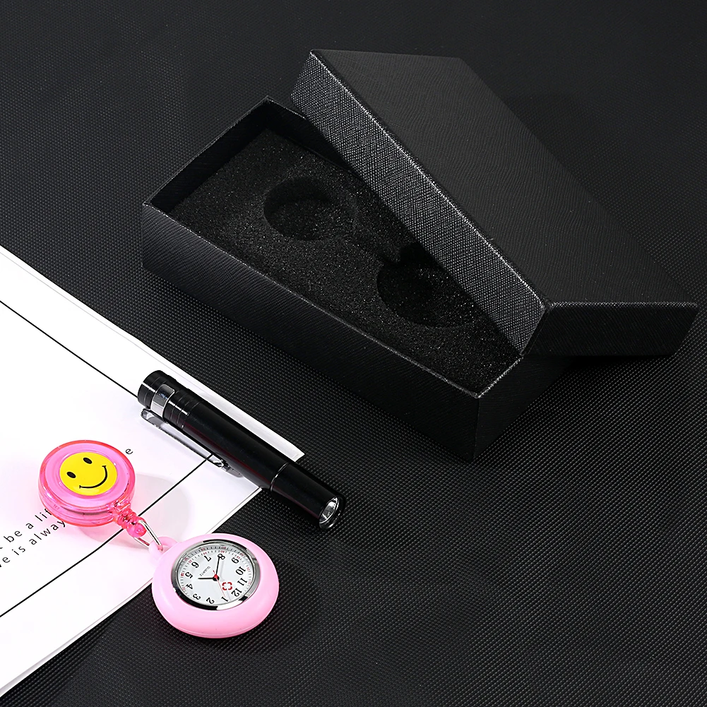 Quartz Pocket Watch for Nurse Cute Pink Smiling Clip-on Fob Brooch Hanging Watch Led Pupil Penlight Gift Set for Medical Doctor