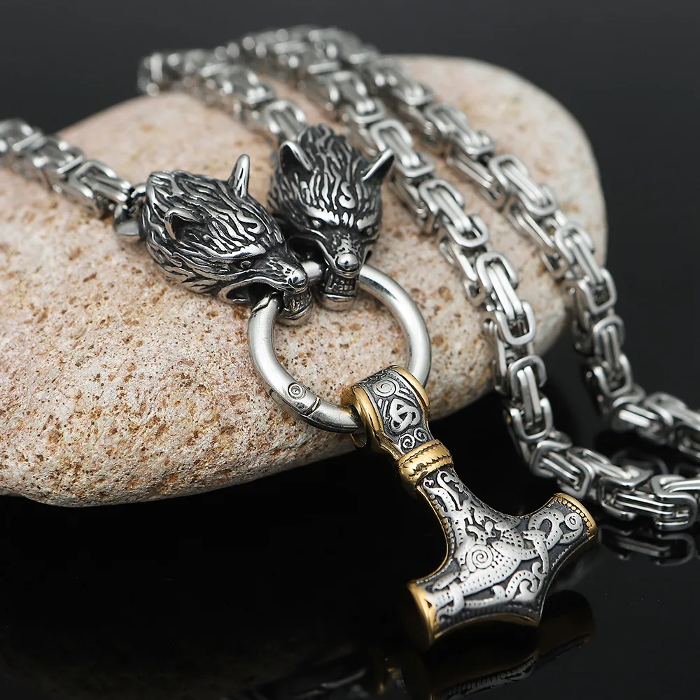 

Wolf Head Norse Viking Amulet Thor Hammer Pendant Necklace Stainless Jewelry Steel King Chain