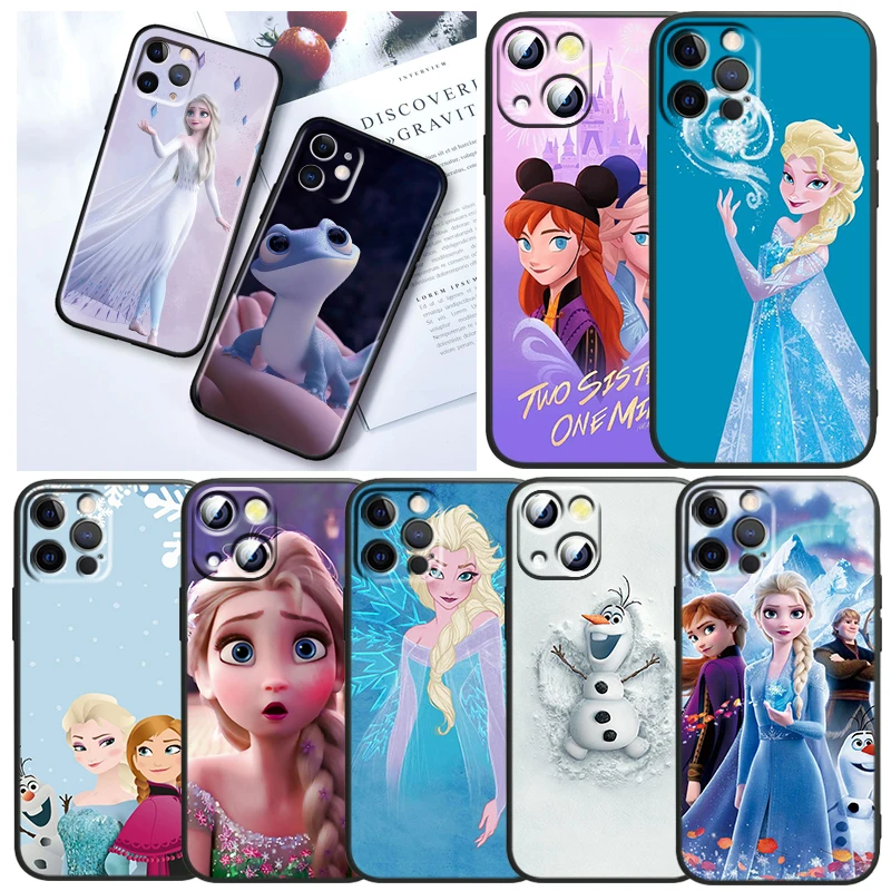 

Gril Frozen Elsa Anna For Apple iPhone 13 12 Mini 11 XS Pro Max X XR 8 7 6 Plus SE 2020 5 Capa Black Soft TPU Phone Case