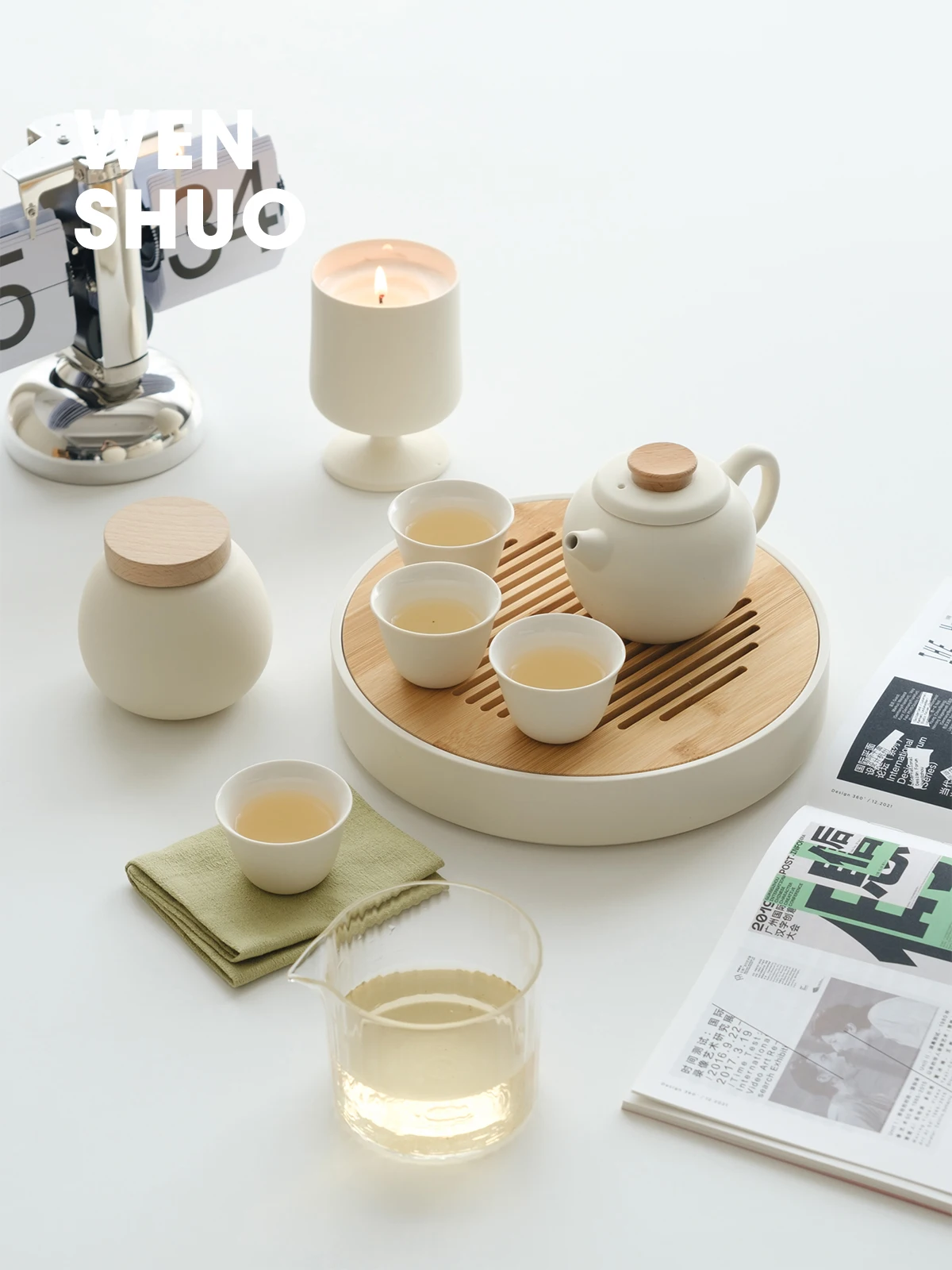 

MAROYAKA Kungfu Tea Set, Japanese Style Matte Cream Glaze, Ceramic Teapot,Teacups,Tea Jar，Bamboo Tea Tray