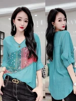 blusas femininas elegantes summer shirt beaded retro loose pullover v neck top korean style womens clothing half sleeve shirts