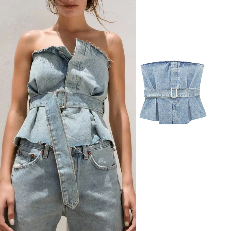 

Женский джинсовый топ с открытыми плечами, с открытой спиной