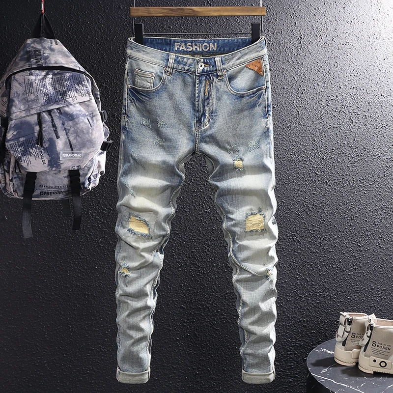 Jeans Retro Yellow Blue Elastic Stretch Slim Fit Ripped Jeans Men Patched Vintage Denim Pants Hombre