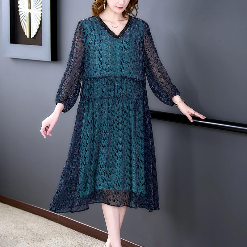 

Women Blue Natural Silk Hollow Out Sexy Midi Dress 2023 Korean Vintage Casual Party Dress Spring Autumn New Elegant Loose Dress