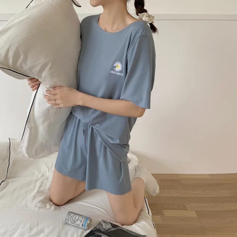 2pcs Pajamas for Women Cotton Embroidered Korean Style Elastic Short-sleeved Top Casual Shorts Loungewear Pijamas Sets Female