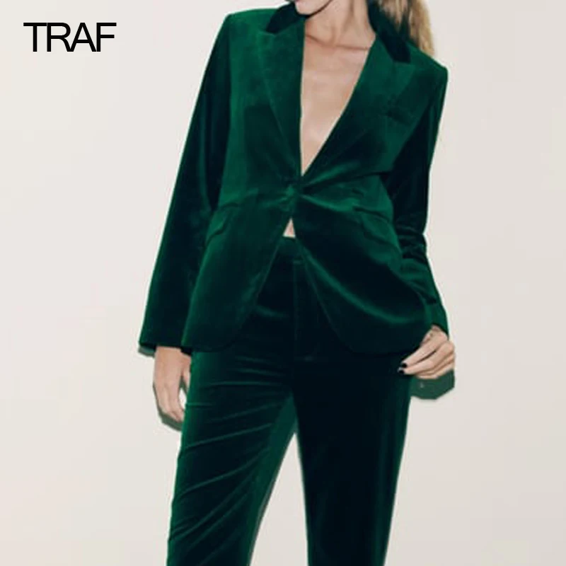 

TRAF Green Velvet Blazer Woman Office Wear Blazer Women Long Sleeve Buttons Jackets For Women Winter Pockets Woman Blazer 2022