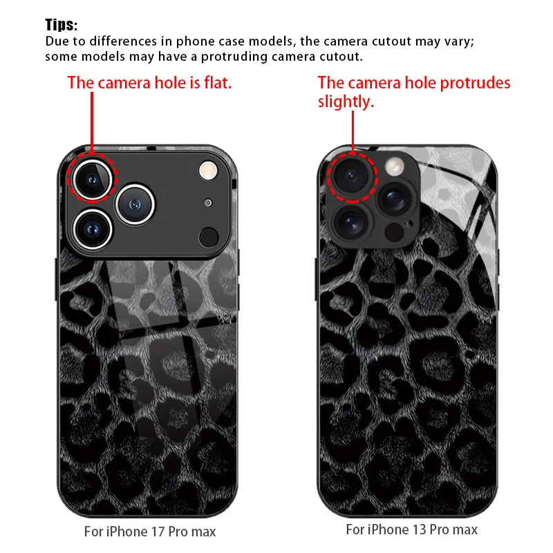 Черно-белый чехол с леопардовым принтом для iPhone 17e, 17, 16, 15, 14, 13, 12 Mini, 11 Air, Pro, XS Max, XR, X Plus, стеклянная силиконовая рамка, задняя крышка (art.: 3920d993cfe8d) - 3920d993cfe8d